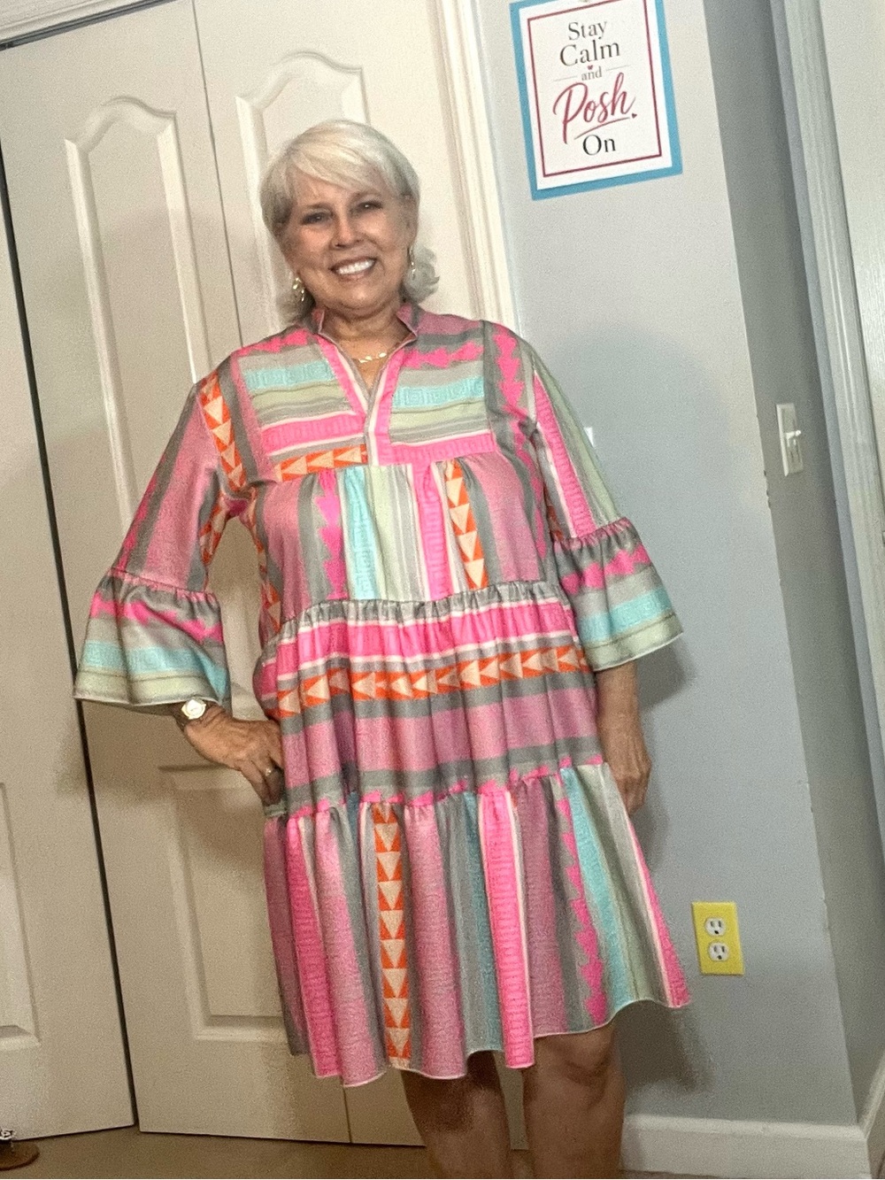 Colorful Geometric Print Tiered Babydoll Dress XL Oversized LIKE NEW